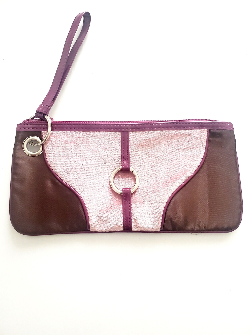 Pink and Brown Wristlet Clutch with Silver Ring Accent